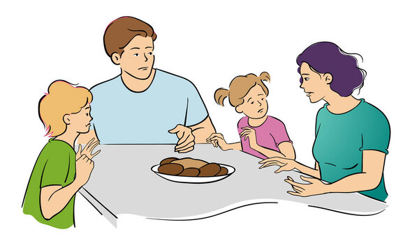 Parents and children sitting at the table talking
