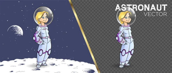 Astronot kıyafeti giyen kadın Ay 'da mutlu uzay çizgi filmi vektörü.