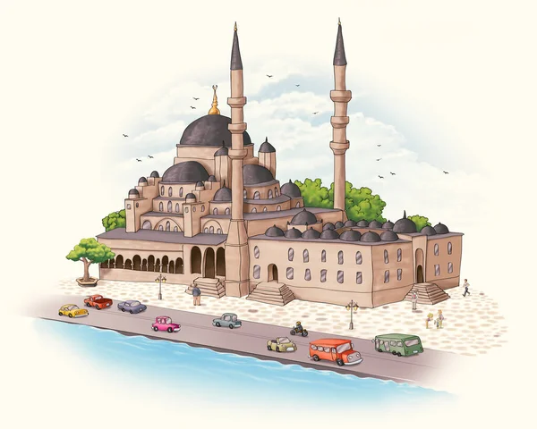 Eminonu yeni cami arabaları mısır pazarı hindi İstanbul tarihi yerler antik şehir turist karikatürü