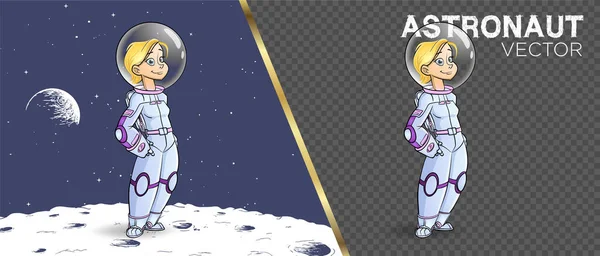 Astronot kıyafeti giyen kadın Ay 'da mutlu uzay çizgi filmi vektörü.