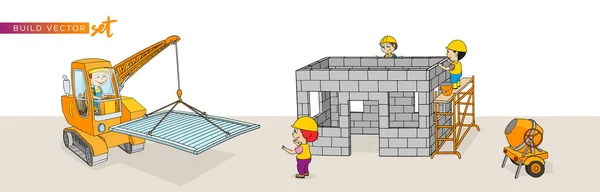 İnşaat vinci havan merdiveni merdiveni kadın erkek el arabası çizgi film vektörü seti