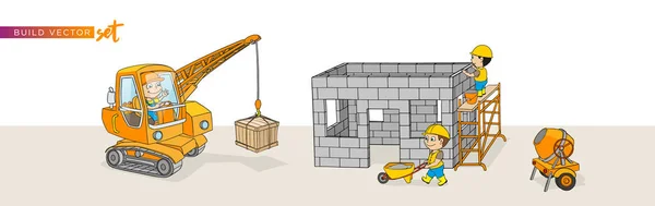 İnşaat vinci havan merdiveni merdiveni kadın erkek el arabası çizgi film vektörü seti