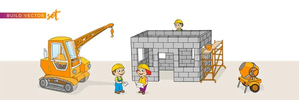İnşaat vinci havan merdiveni merdiveni kadın erkek el arabası çizgi film vektörü seti