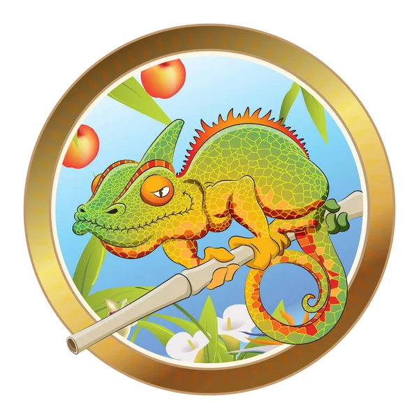 iguana bambu iekler meyve daire izgi film renkli maskot vektr