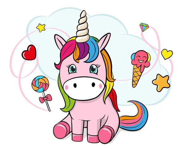 Vektör Şirin Çizgi Filmi Tek Boynuzlu Atlar Dondurma Kalp Şekeri Bulut Yıldızları