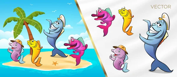 楽しい魚の文字ヤシの海のビーチマスコット漫画のベクトル — ストックベクタ
