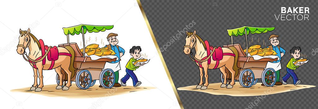 Horse carriage, uncle baker, boy taking bread to his house, storybook cartoon vector