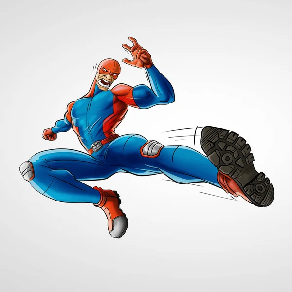Mann Held Fliegen Kick Blau Rot Zeichnung — Stockfoto