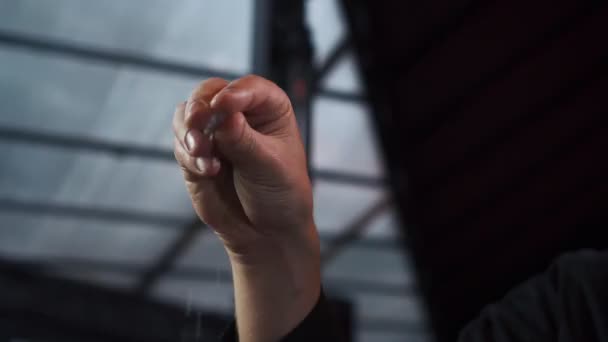 Chef rociando sal. La mano del hombre añade cristales de sal a los alimentos. Fondo oscuro — Vídeos de Stock