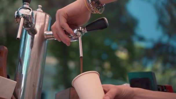 Bartender Pouring Beer From Tap In Eco Paper Cup — Stock Video