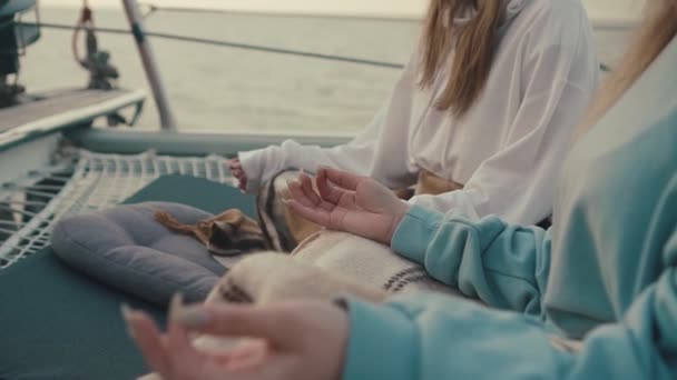 Meditation At Sunrise On The Sailing Yacht. Woman In The Lotus Position. — Stock Video