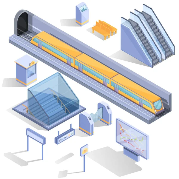 Tekenfilmset Van Isometrische Metropictogrammen Vectorillustratie — Stockvector