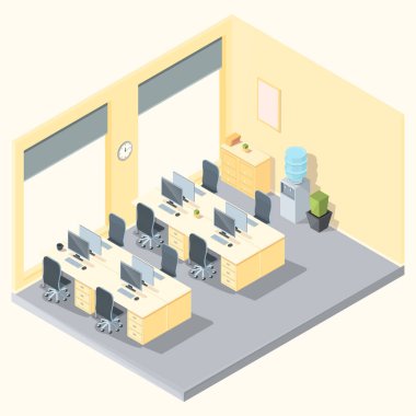 Mobilya ve bilgisayarlarla izometrik ofis içi, vektör illüstrasyonu