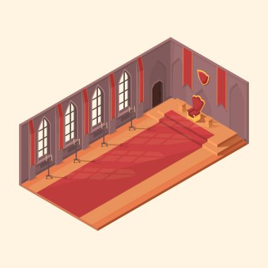 İzometrik taht odası, tahtı ve vektör illüstrasyonuyla birlikte kraliyet kalesinde.