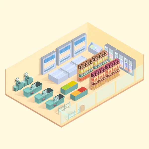 Isometric Supermarket Interior Groceries Vector Illustration — Stockvector