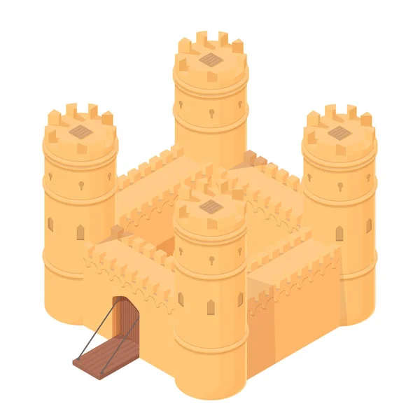 Kreslený Izometrický Středověký Hrad Věžemi Branami Vektorová Ilustrace — Stockový vektor