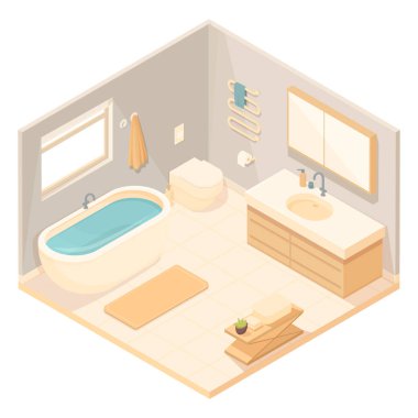 Mobilyalı izometrik banyo, vektör illüstrasyonu