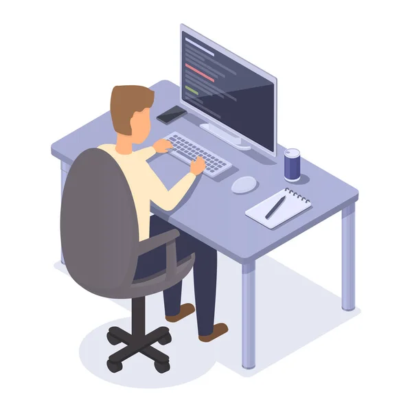 Isometric Guy Programmer Working Computer Vector Illustration — Stock Vector