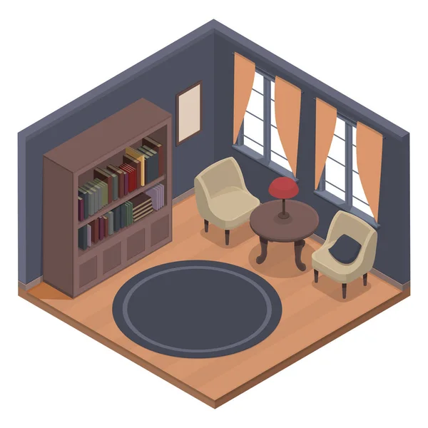 Chambre Isométrique Avec Une Bibliothèque Avec Livres Une Table Avec — Image vectorielle