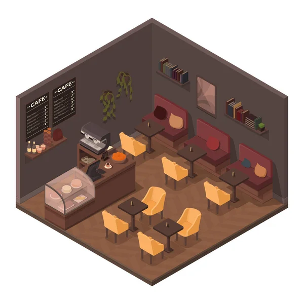 Interior Isometric Dari Kafe Vintage Dengan Furnitur Dan Peralatan Vektor - Stok Vektor