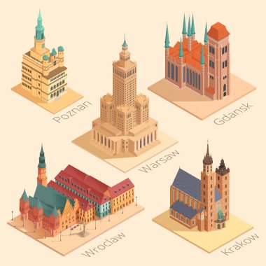 Polish cities isometric landmarks set, vector illustration