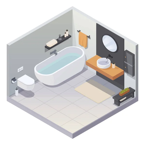 Kamar Mandi Isometric Dengan Toilet Dan Peralatan Ilustrasi Vektor - Stok Vektor