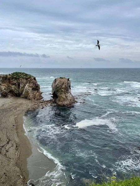 Deniz dalgaları kayalık kıyılara çarpıyor.