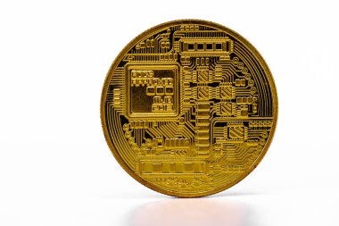 Kripto para çizimi için bitcoin 'in arka görünümü, beyaz zemin üzerinde izole altın rengi, ödeme, yatırım, finans ve ekonomi konsepti için