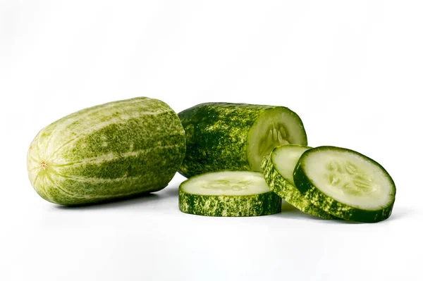 Sliced Cucumber Fresh Vegetables Isolated White Background Copy Space — Stock Photo, Image