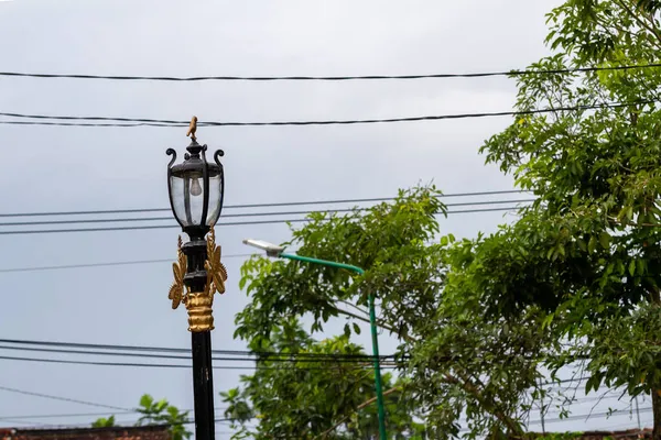 形状优美的街灯 复杂的电缆轨迹背景 空间规划和交通概念 — 图库照片