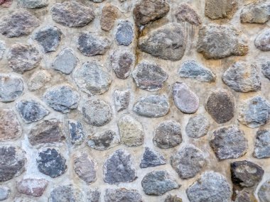 Bahçedeki çimento ve doğal taşlarla duvarlar, doğal bir ortam yaratmak için dekorasyonlar, doğa temalı bir arka plan.