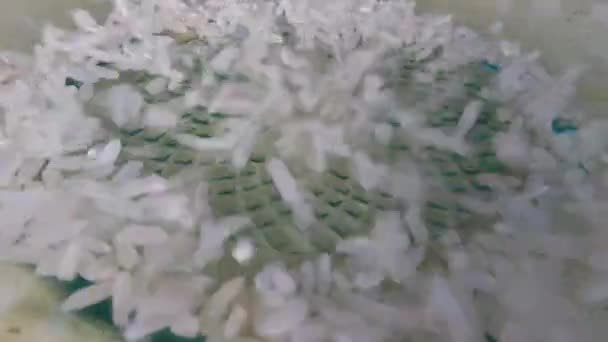 Witte Rijstkorrels Die Container Vallen Het Belangrijkste Voedsel Indonesië — Stockvideo