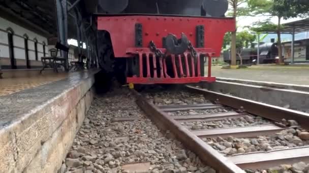 Ancient Steam Train Locomotive Parked Tracks Collection Indonesian Railway Museum — 图库视频影像