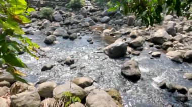 Volkanik bir dağın yanındaki küçük bir nehrin yüzeyi, Java 'daki Merapi Dağı' nın soğuk lavının yolu olan nehir boyunca yayılmış volkanik aktivitelerden kayalar.