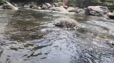 Volkanik bir dağın yanındaki küçük bir nehrin yüzeyi, Java 'daki Merapi Dağı' nın soğuk lavının yolu olan nehir boyunca yayılmış volkanik aktivitelerden kayalar.