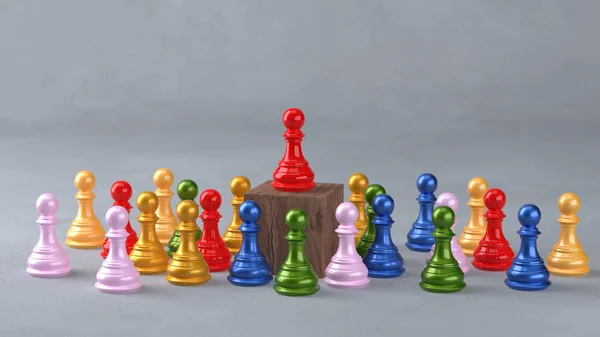 Several Colorful Chess Pieces Surround Another Red Chess Piece Standing — 스톡 사진