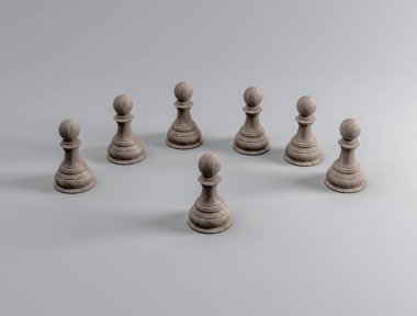 A wooden pawn is facing several other pawns with the same color, 3d illustration, communication concept and direction in organization