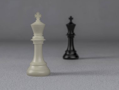 White chess king in foreground and focus, black chess king in blur background, 3d illustration, business competition concept