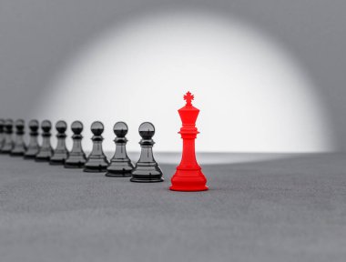 A red chess king stands at the front leading a black chess piece, the leader at the front gives an example and orders, 3d illustration