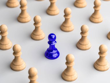An blue chess pawn standing in the middle wooden chess pawn, appearing different in the crowd will be the center of attention. 3d illustration