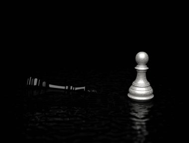 A white chess pawn standing in front of the black chess king lying down, the defeat of a strong person by a weak looking one, 3d illustration