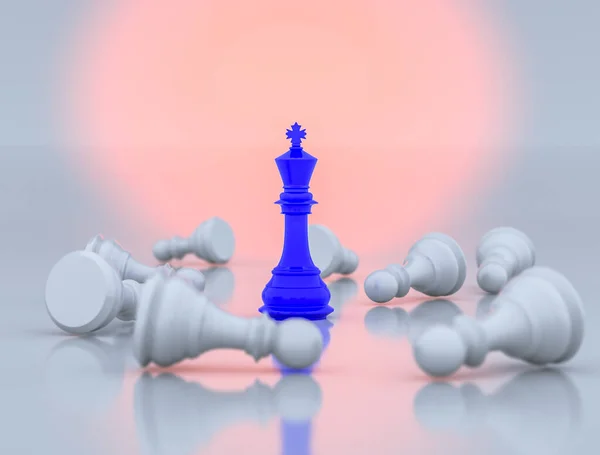 Blue Chess King Standing Middle Scattered White Chess Pieces Concept — 스톡 사진