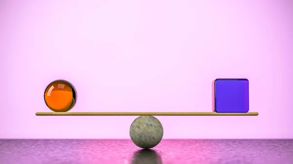 Wooden Plank Balanced Position Supporting Orange Glass Ball Blue Glass - Stock-foto