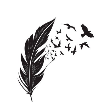 Feathers with free flying birds vector illustration , freedom bird flying from feather clipart