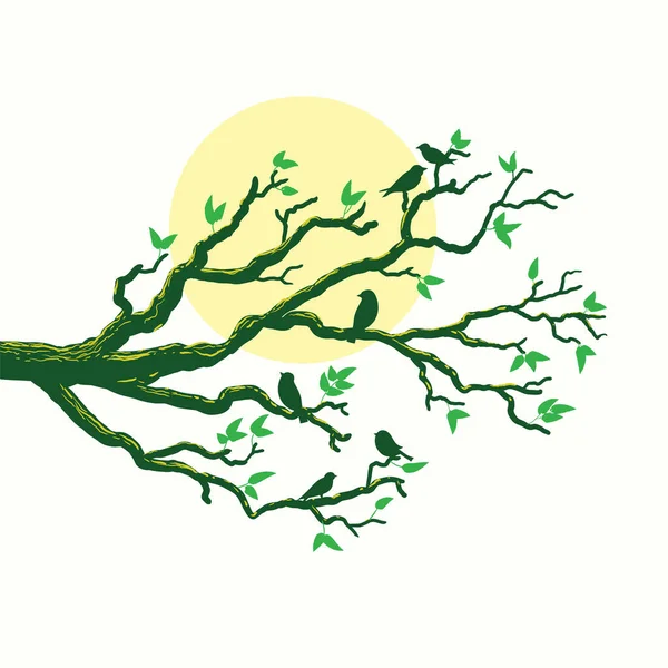 Árbol Ramas Con Ilustración Aves Vectores Lunares — Vector de stock