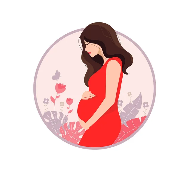 Güzel Hamile Kadın Mutlu Hamile Kadın Süslü Yapraklarla Karnını Tutuyor — Stok Vektör
