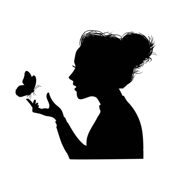 Silhouette Young Girl Playing Butterfly Hand Vector Illustration — Vetor de Stock