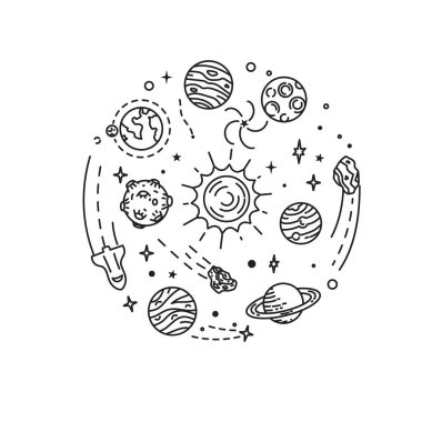 Doodle güneş sistemi. El çizimi gezegenler, kozmik kuyruklu yıldızlar, astronomi uzay karalamaları. Göksel Güneş Sistemi