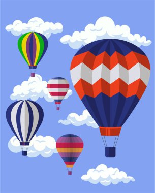 Mavi gökyüzünde renkli uçan sıcak hava balonları. Klasik sıcak hava balonu, soyulmuş gökyüzü taşıyıcı vektör arkaplan çizimi