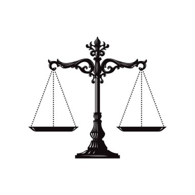 Adalet vektör illüstrasyonunun klasik ölçeği. Ağırlık ölçekleri, Denge. Hukuk ve adaleti kabul et. Hukuk merkezi ya da avukat sembolü. Terazi.